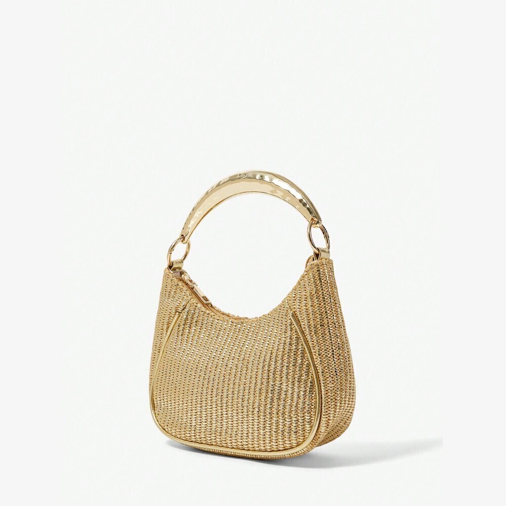 Gold Woven Straw-Look Hobo Bag with Sculptural Metal Handle